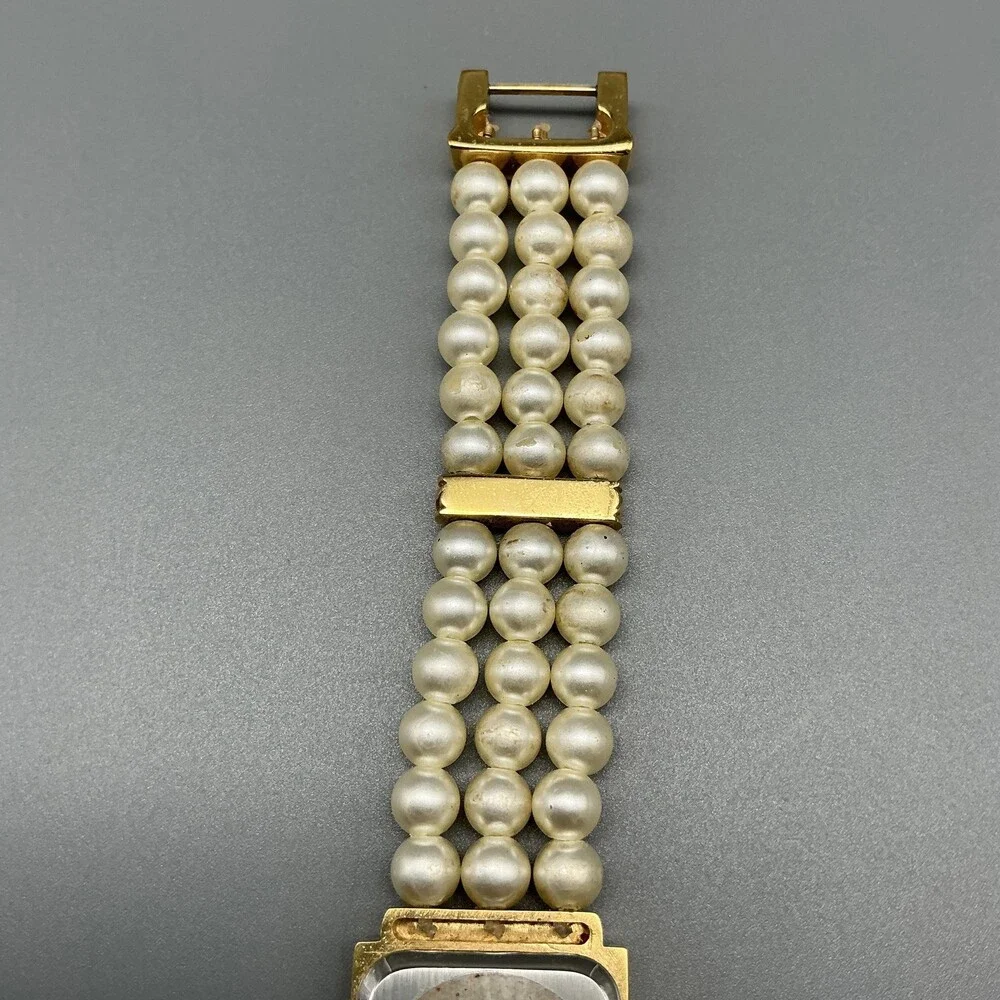 Gruen Womens Watch 22mm Square MOP Faux Pearl Band Gold Tone New Battey 7.25